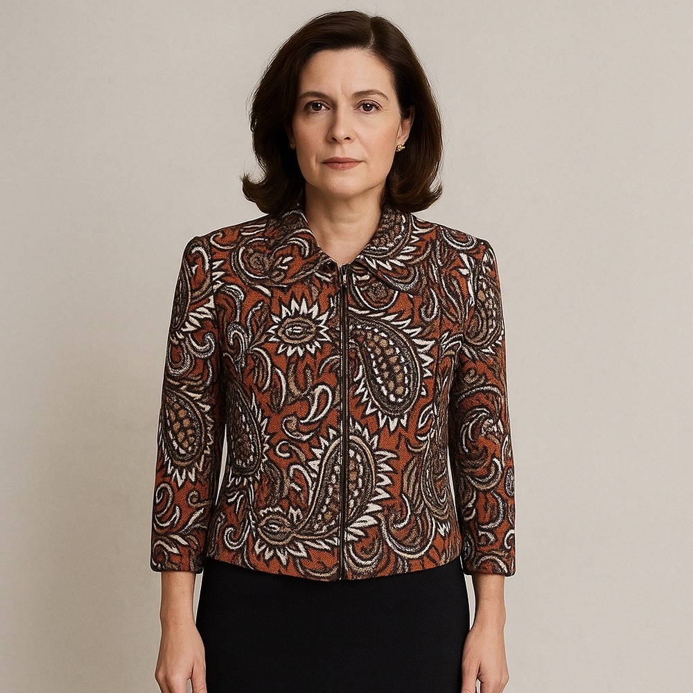 St John M Burnt Orange Brown Paisley Jacquard Santana Knit Zip Front Jacket Fall